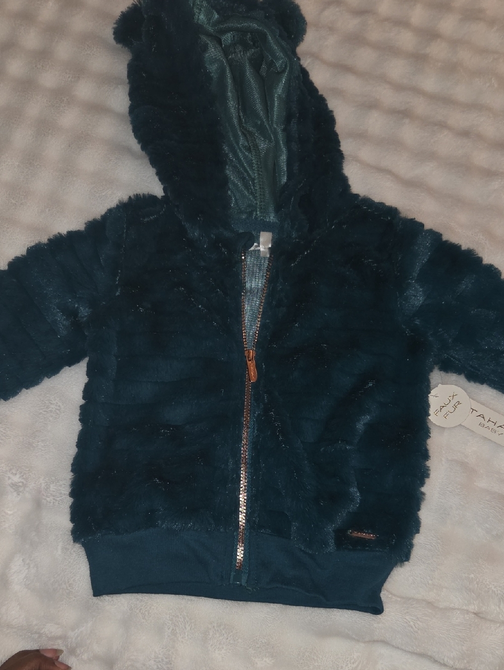 Tahari Baby Faux Fur Hooded Jacket - Teal and White